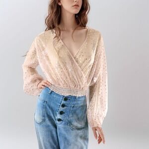 Blush Pink Gold Dot Sheer Blouse | Flirty Date Night Top NWT | Size‎ Large